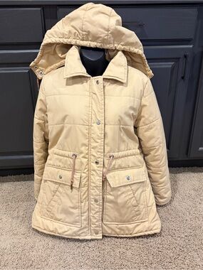 Vintage 1960s 1970s Puffer Coat Beige Hooded Fingerhut Fashions Coat Medium